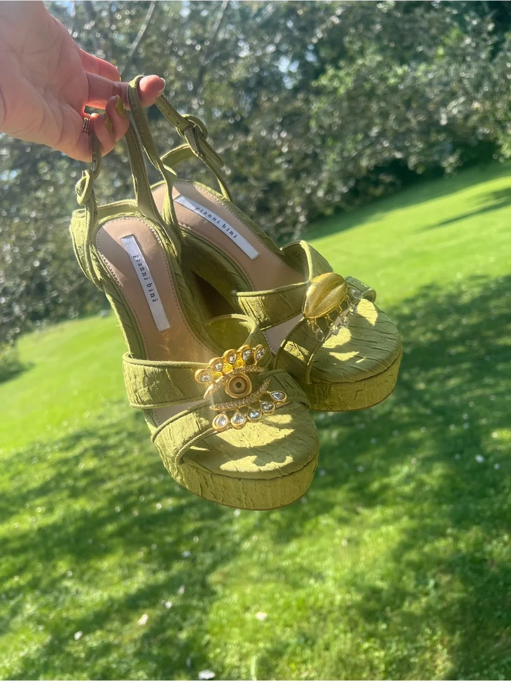 Gianni Bini Olive Platform Sandals with Decorative Shell and Jewel Accents